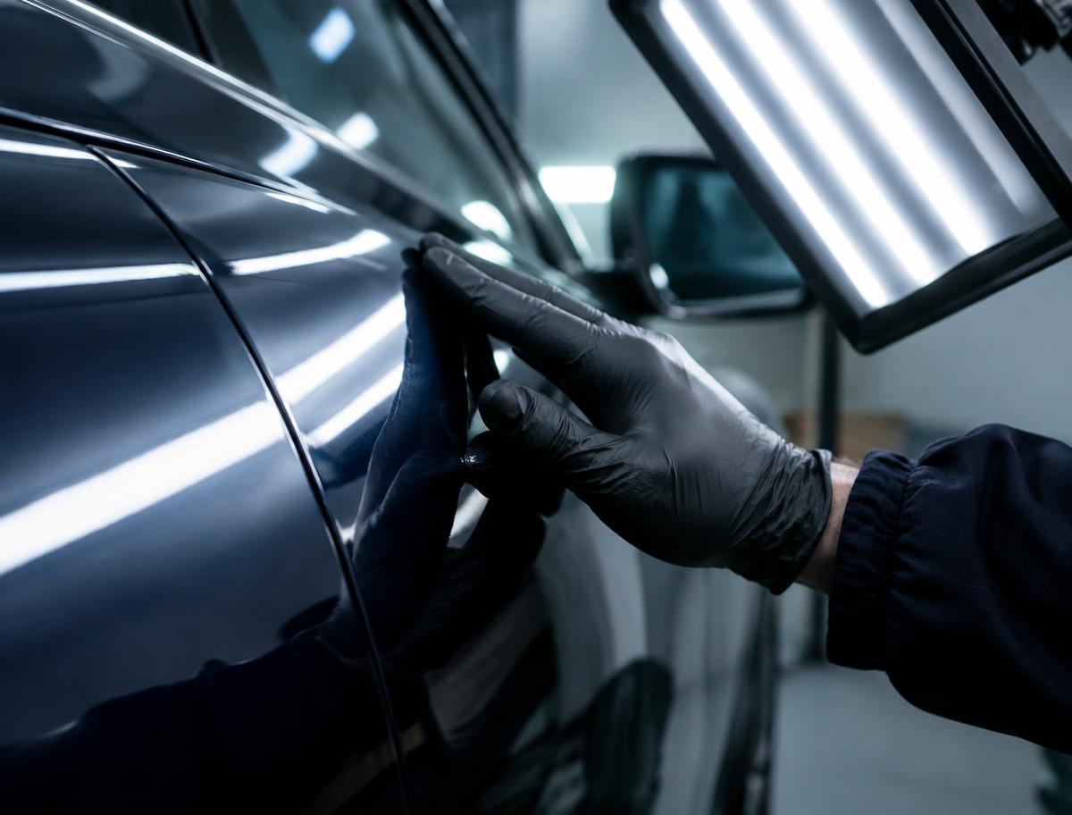 Técnico con guantes inspeccionando la pintura de un auto bajo una lámpara de inspección.