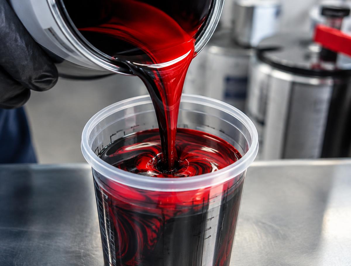 Pintura roja vertida en un vaso graduado de mezcla en un taller.